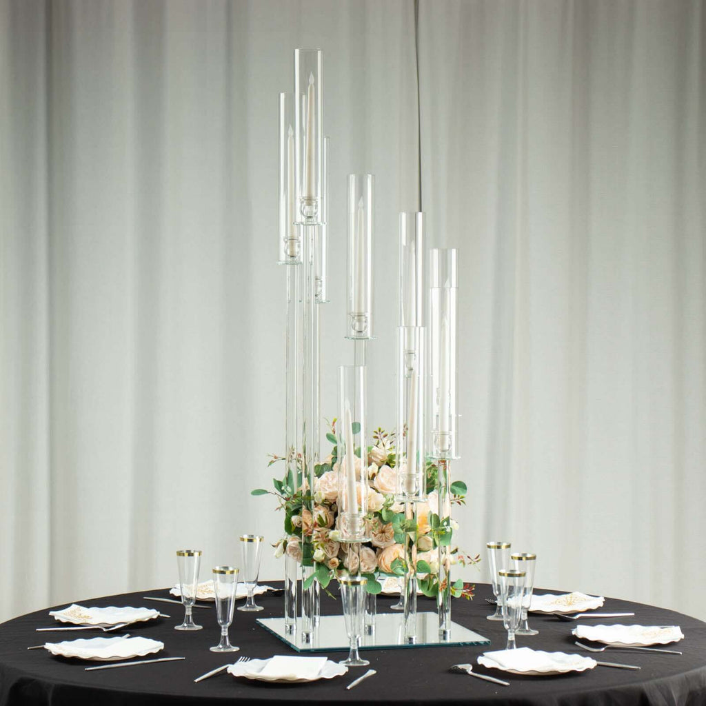 9-Arm Crystal Glass Cluster Candelabra Pedestal Stand 4ft - Square Hurricane Taper Candle Holder Table Centerpiece